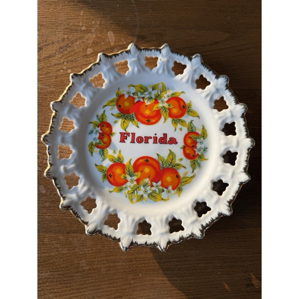 Vintage Florida Souvenir Plate Oranges & Blossom Motif. Gold Trim 8". Made Korea